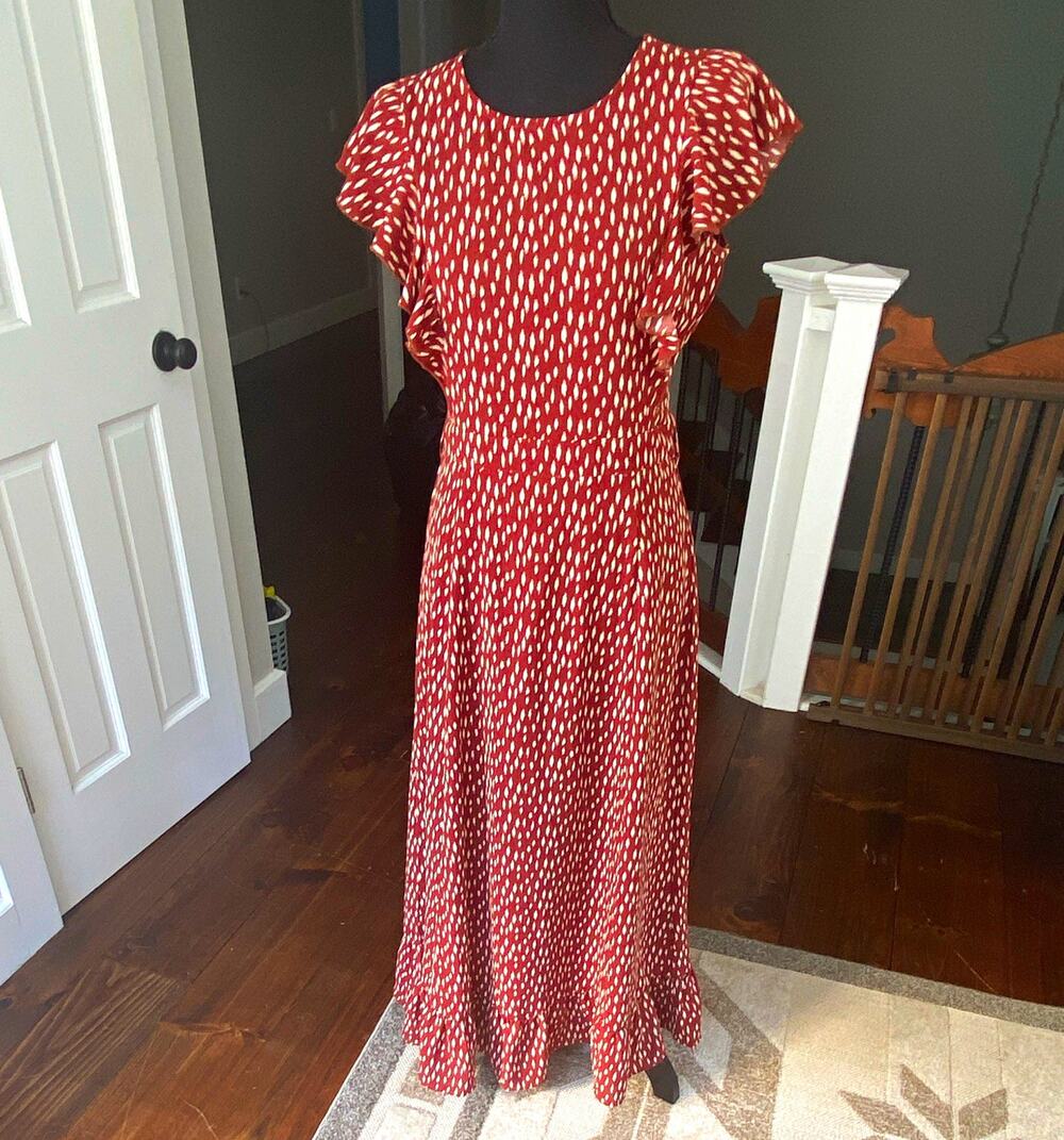 Bohme Women's Size S Rust & White Print Maxi Dress Round Neck Zip Ruffle
